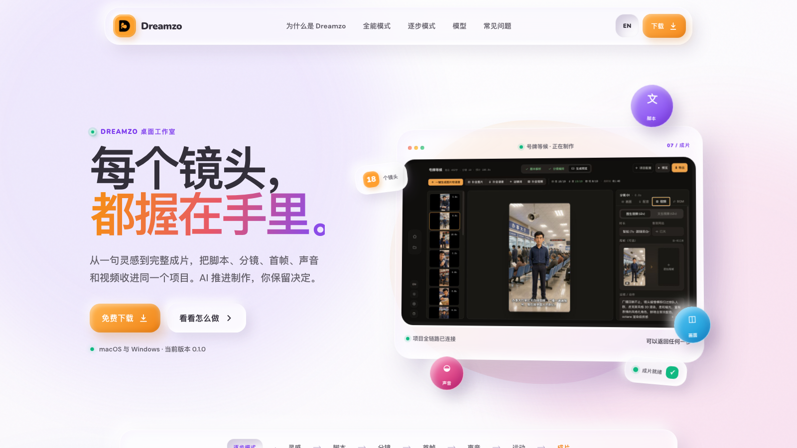Direction D homepage with a tactile clay interface and Dreamzo workspace